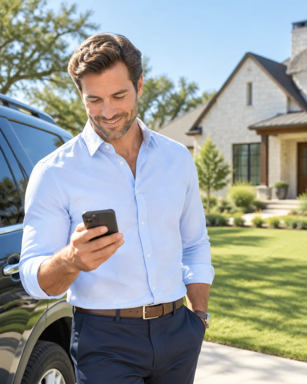 A real estate agent beside his truck outside a Texas property, glancing at his phone before taking a call.