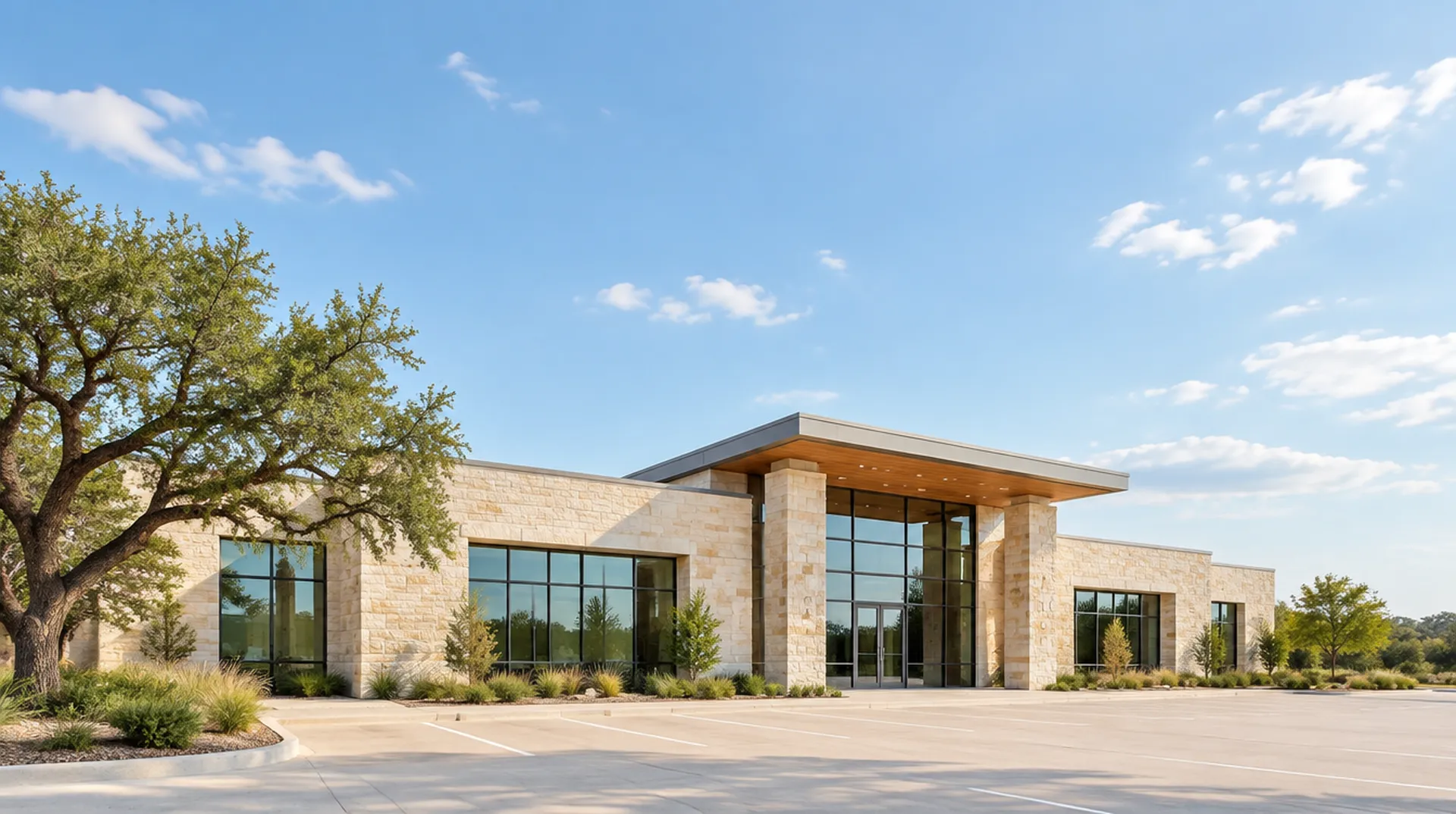 A limestone and glass commercial building in Central Texas under a wide blue sky.