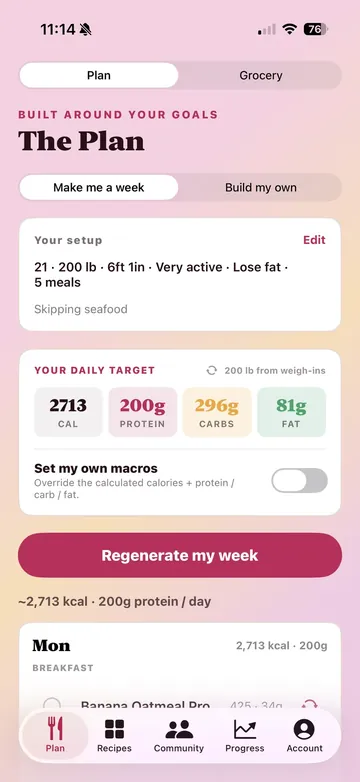 The Iron & Bloom plan screen: a week of meals built to a daily protein target